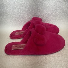 KATE SPADE Neon Hot Pink Faux Fur Slides Slippers w/ Bow Spade Logo; SIZE 9 B