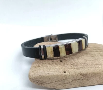 Bracelet en cuir ambre incrustation naturelle unisexe véritable naturel... - Photo 1/4