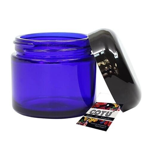 NEW 2 Ounce Cobalt Blue Glass Cosmetic Jars (24Pack) w Blk Plastic