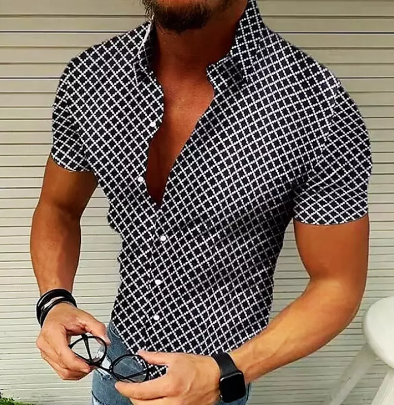 Camisas Con Botones Hombre Moda Azul Manga Corta Camisetas Enrejado Vestido L XL