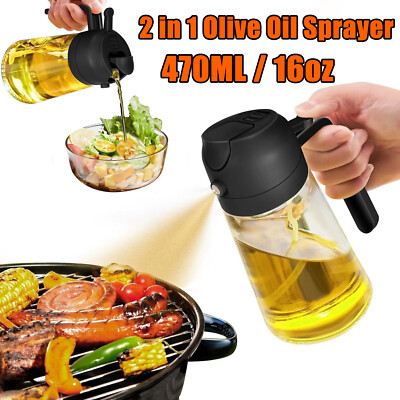 16oz Olive Oil Dispenser Bottle 2 in 1 Sprayer Spray for Kitchen Cooking Black