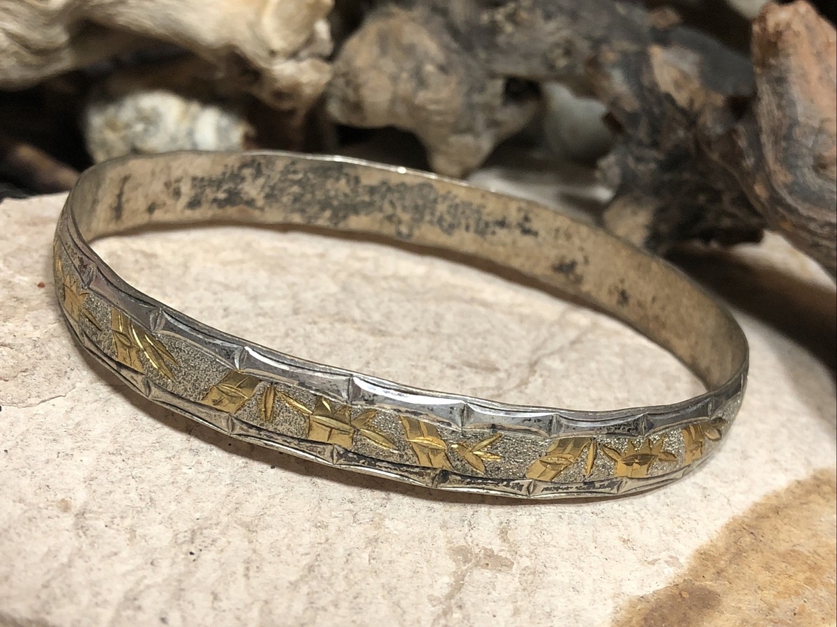 ＊Silver 925 Bamboo Bangle Gold Vintage 3.Vintage K 925 Sterling Silver Bamboo Leaf Pattern Bangle