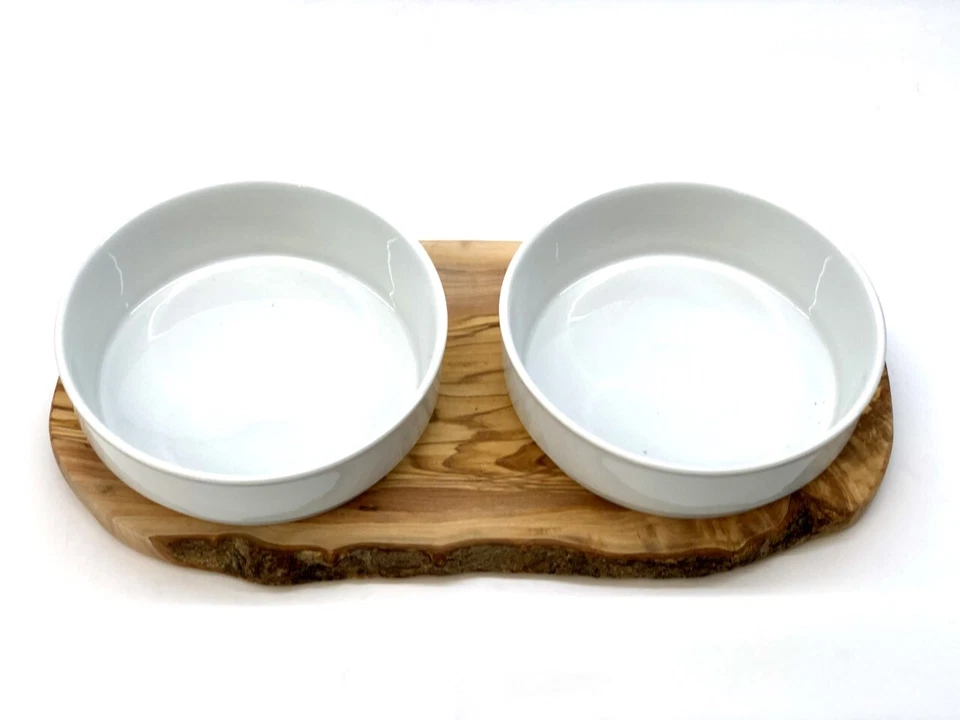 Futterstation RUSTY aus Olivenholz Holz - mit Porzellanschalen - Bild 2 von 4