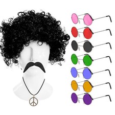 HIPPY COSTUME FANCY DRESS SET WITH COLOUR HIPPY GLASSES BLACK WIG PEACE NECKLACE