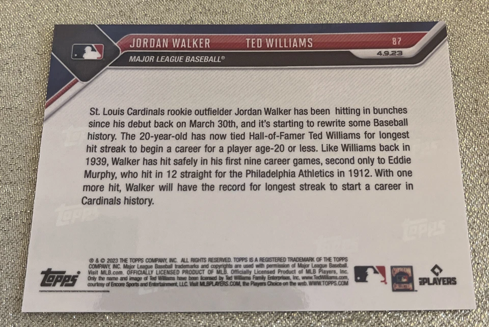 2023 Topps Now #87 Jordan Walker RC Blue Parallel #/49 Ties Ted Williams Hit 🔥 - Image 2 of 2