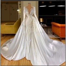 IS-NWT Satin Wedding Dress Luxury with Pearls Beads Long Sleeves Bridal Gown
