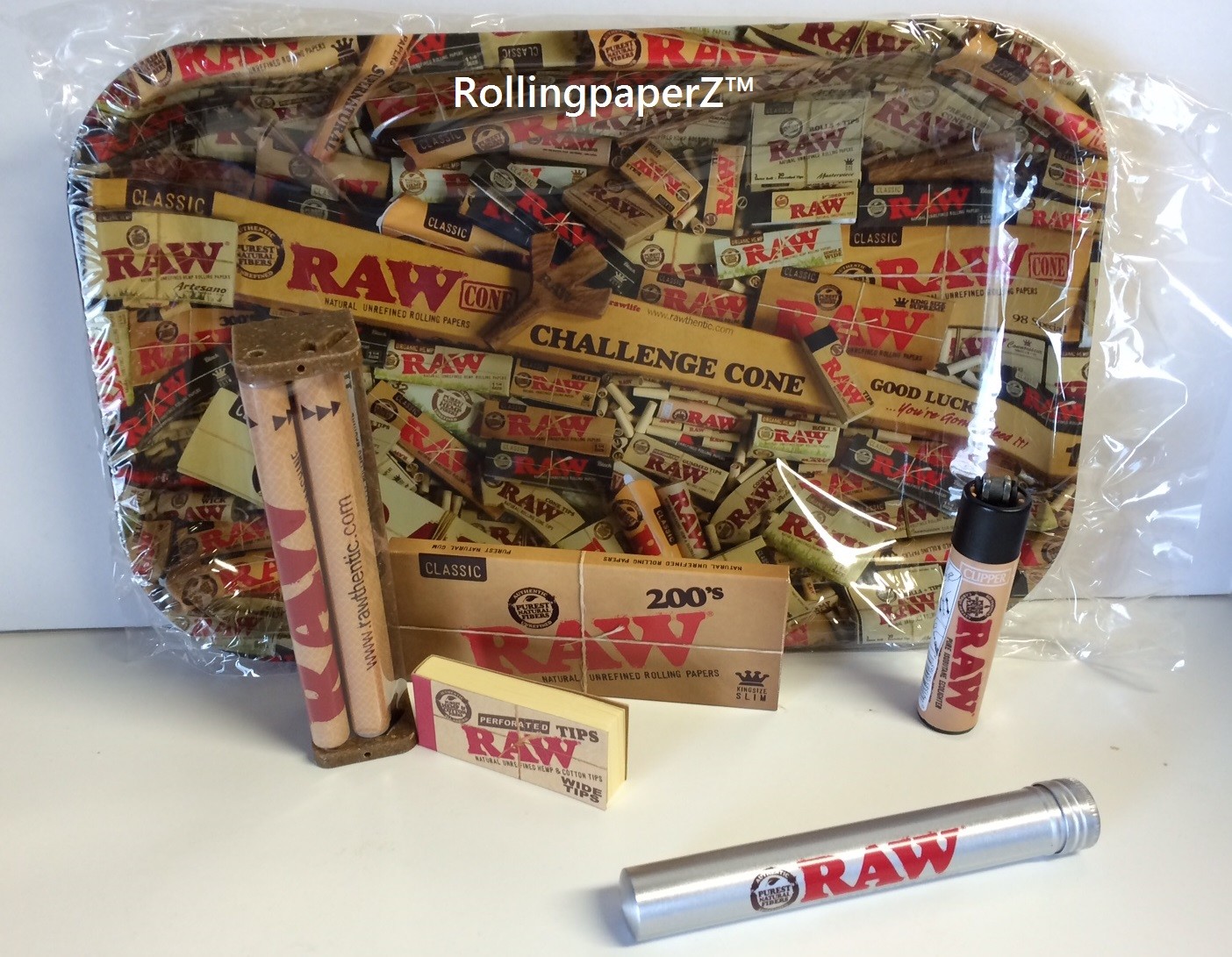 RAW Natural MIX TRAY KING SIZE BUNDLE - PAPERS+TIPS+Storage Tube+Lighter+Roller