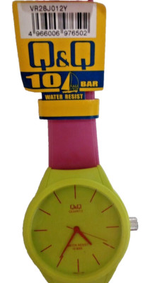 Q&Q-VR28J012Y Quarz wasserdicht hellgrünes Zifferblatt und rosa Armband Uhr