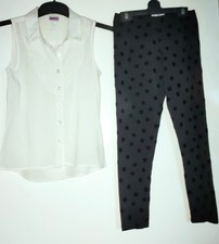 MÄDCHEN ALTER 9-10 JAHRE WEISSES ÄRMELLOSES SHIRT UND SCHWARZ GETUPFTE LEGGINGS M&S KOSTENLOSER VERSAND