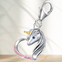 Pferd Einhorn Herz Karabiner Charm 925 Sterling-Silber AnhäNger FüR Armband