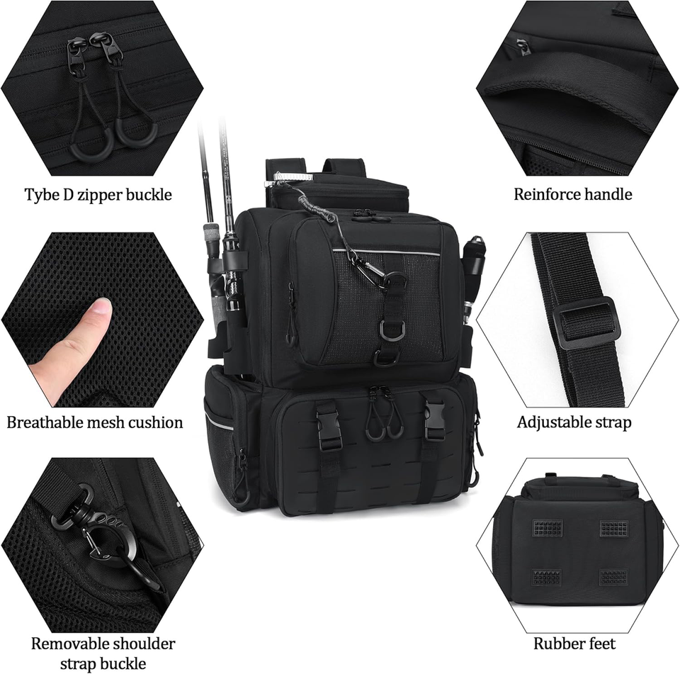 Fishing Tackle Backpack with Rod Holders, Travel Backpack for Fishing