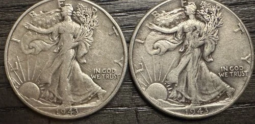1943 Walking Liberty Half Dollar 2 Coin Set. 90% Silver. Great Buy.