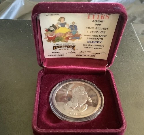 DISNEY Snow White SLEEPY 50th Anniversary .999 Fine Proof 1oz Silver, Toned