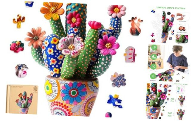 Puzzles for Adults Cactus Flower Wooden Puzzles, 200 Pieces Unique Shaped