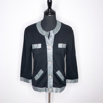 Michael Simon black gray rhinestone button silk blend cardigan size Small
