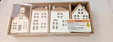 Set of 4 small Village White Ceramic Christmas Houses LED batteries