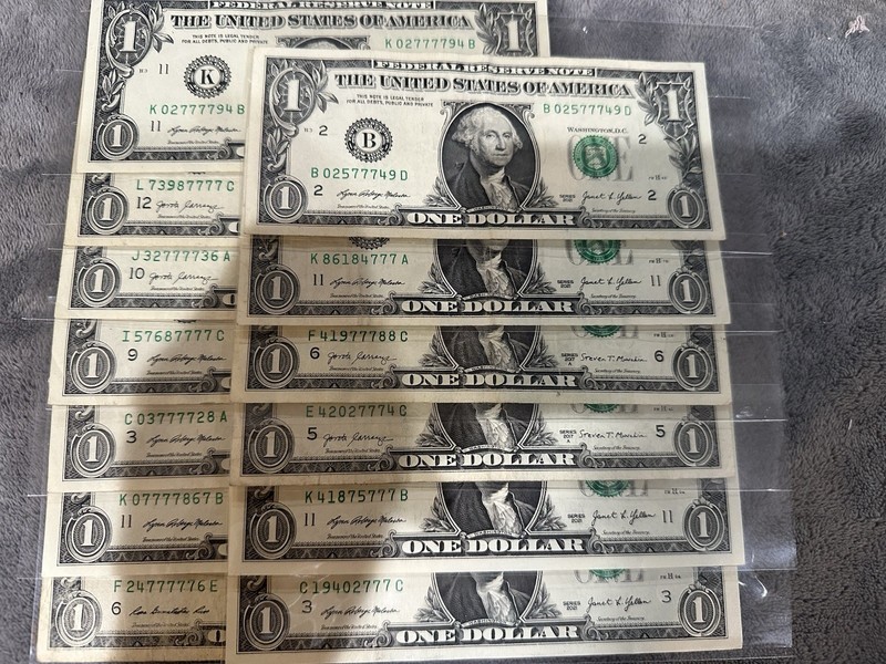 Lucky 7 Lot of 18 One Dollar Bills Lucky 7