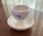 Vintage Set 5 Egg Cups w Attached Underplate Glazed Terracotta White Blue Floral — photo 5