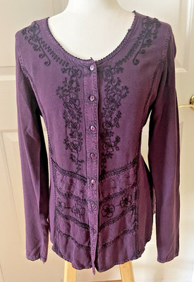 LEL Long Elegant Legs Sz S Shirt Tunic Purple Embroidered Tie-Back Long Sleeved