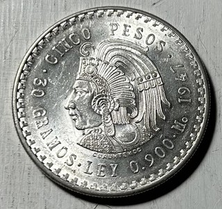 Mexico cinco 5 Pesos BU 1947 Cuauhtemoc The Last Aztec Emperor Silver .8681 ASW
