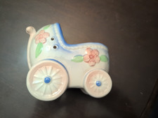 Vintage Japan Baby Buggy nursery Planter With flowers foliage  Ribbon Holes