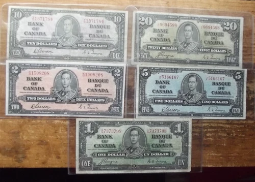 BANK OF CANADA 1937 $20.00,10,5,2 &$1.00 BANKNOTES SET