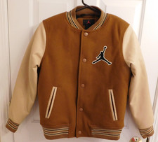 AIR JORDAN FLIGHT VARSITY JACKET YOUTH LARGE 12-13 JUMPMAN BROWN TAN SNAP UP