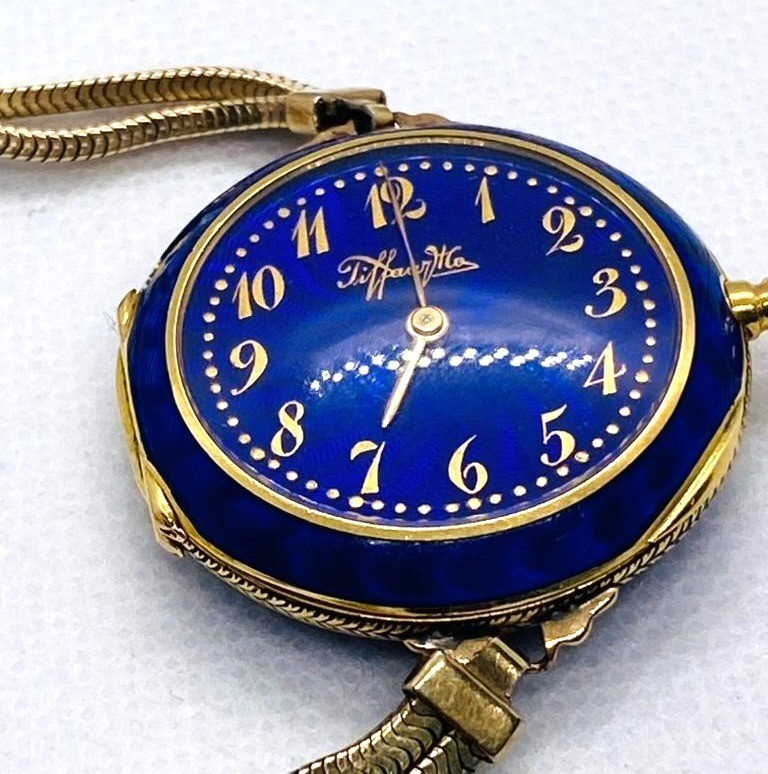 Tiffany & Co 18K Blue Enamel Pocket Wrist Watch Chipped Enamel Watch Vintage Estate Tiffany 18k Gold Blue Enamel Old Miner Cut  main image 3