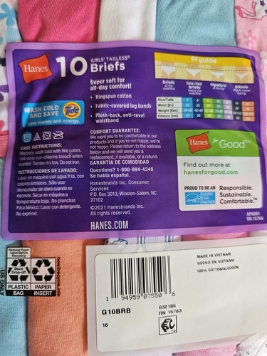 Hanes Girls Cotton Breathable Super Soft Tagless Briefs Sz 16 Underwear 2 Packs - Picture 7 of 7
