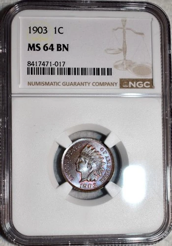 NGC MS-64 BN 1903 Indian Head Cent, Razor-Sharp & Attractively Toned.