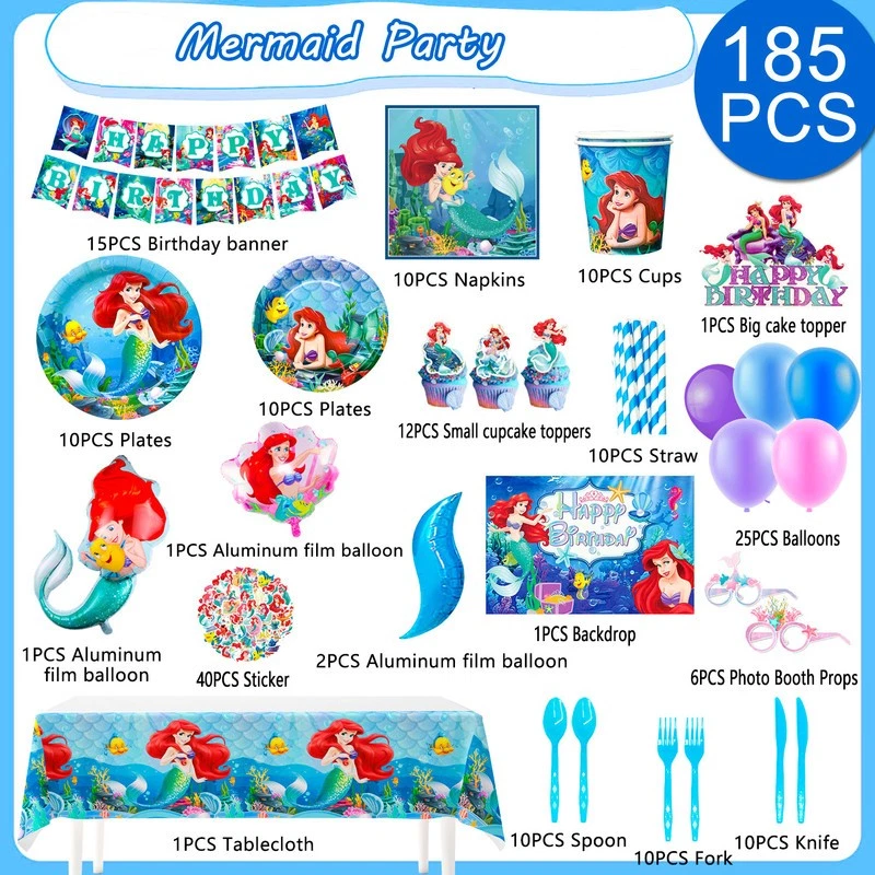 185 Piezas Sirenita Fiesta Decoración Disney Globo Telón de Fondo Mantel Plato  Foto 2 de 4