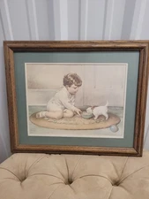 Vintage BESSIE PEASE GUTMANN Kitty’s  Breakfast Print Wooden Framed Art
