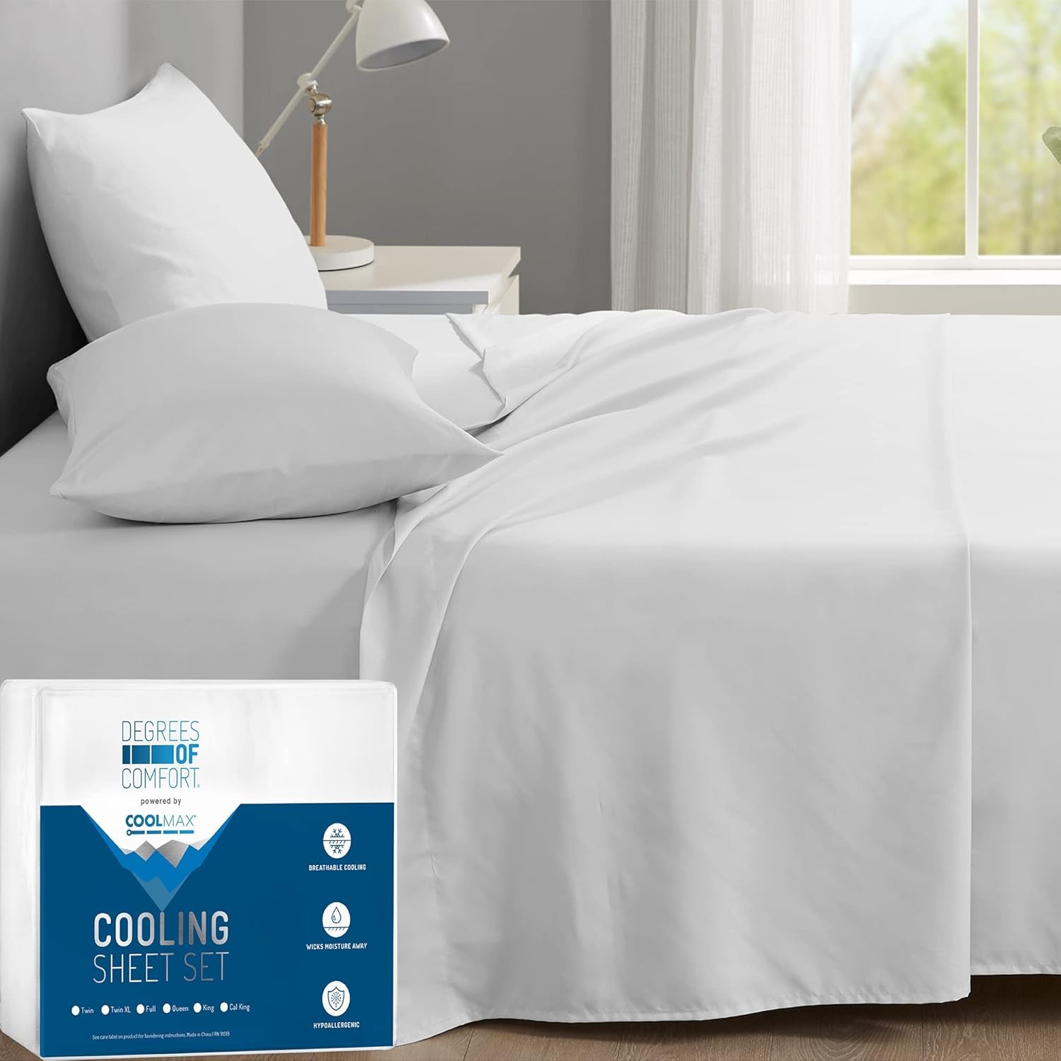 DEGREES OF COMFORT Coolmax Cooling Sheets | Queen Size Bed Sheet Queen, White 