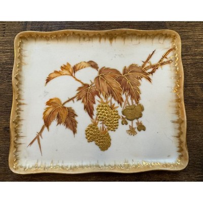 Antique D & C France Limoges Porcelain Tray Gold Berries Leaves Scalloped Edge