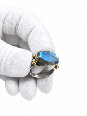 YS India 925 Sterling Silver Labradorite Ring Size 7 Brass Accent Artisan