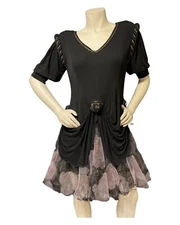 80s HOLLY HARP black jersey Tulle tiered Rosettes dress vintage 1980s S Braided