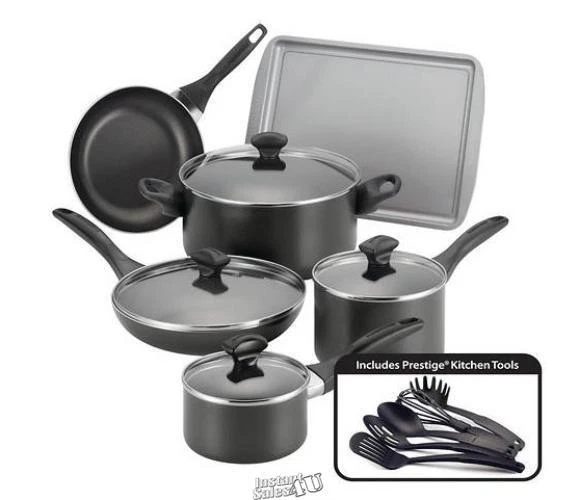 Farberware- 15-Piece Non-Stick Cookware Set Black Oven safe to 350°F