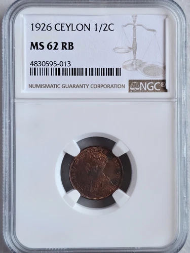 Ceylon 1/2 Cent 1926 NGC MS 62 RB