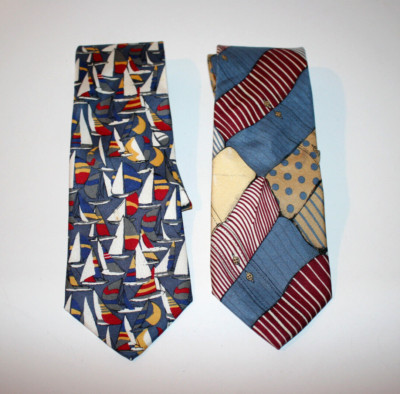 Lot of 2 Mens Lands End Neck Ties Sail Ship Folded Button Down Shirts Pattern