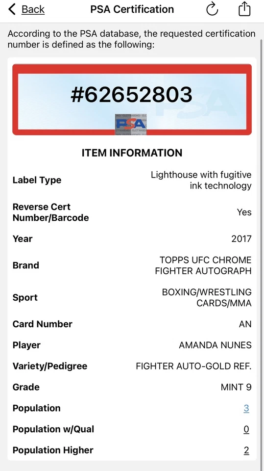 2017 Topps UFC Chrome Amanda Nunes Gold Refractor Auto #/50 PSA 9 MINT Pop 3 - Image 3 of 3