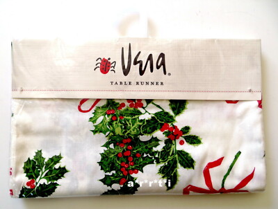 Vera Neumann Christmas Holly Print Candy Canes Bows Pine 14'' x 70'' Table Runner