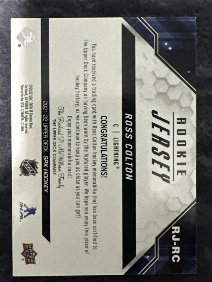 2021-22 SPx Rookie Jersey RJ-RC Ross Colton Tampa Bay Lightning - Image 2 of 2