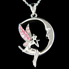 Rose Fée Clochette Avec Cristal Swarovski Tinker Ange Aile Lune Visage Collier