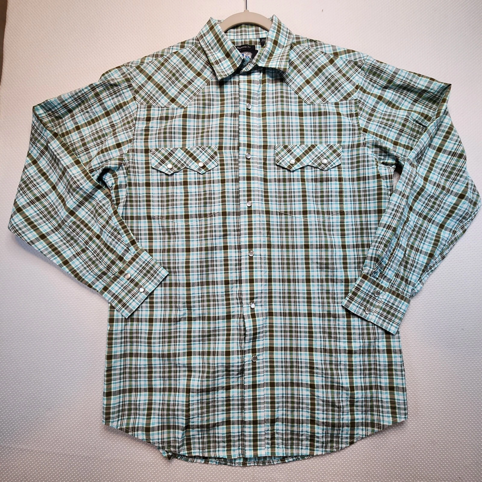 RU Mens Shirt Large Green Brown Plaid Pearl Snap Pockets Western University Fit