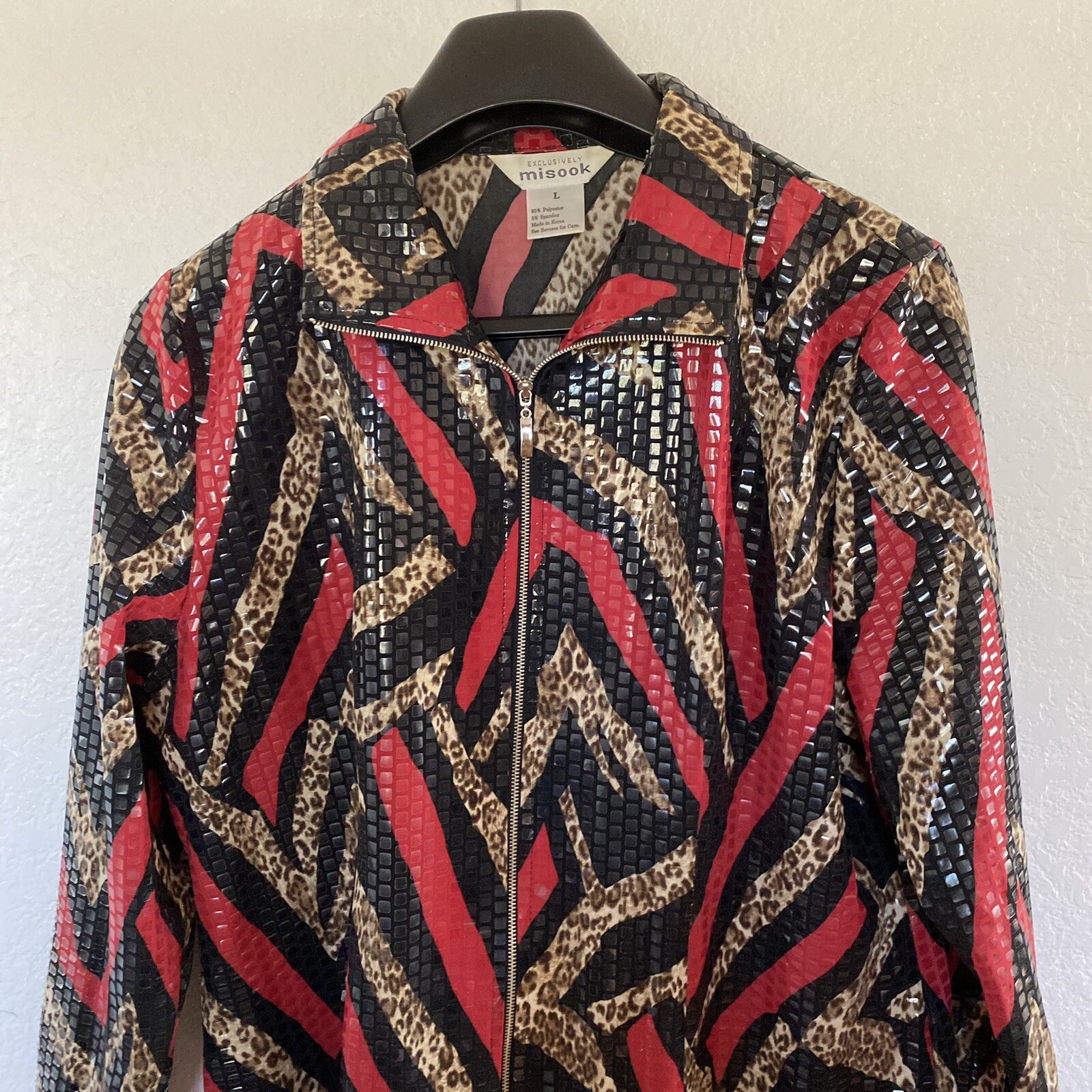 Exclusively Misook Women’s Full Zip Animal Print Shiny Pailettes Jacket Size L
