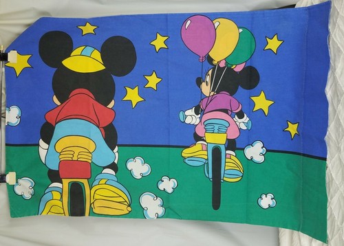 Disney Mickey Minnie Vtg Standard Pillowcase Bicycle Two Sided Blue Green - Picture 2 of 12