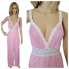 Vtg Pink Nylon Nightgown Maxi Glydons of Hollywood Lace Deep V Slit Size Small