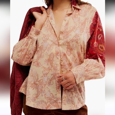 Free People Rose Bud Button-Up Shirt Women's Oversized Size Small Red Boho Print