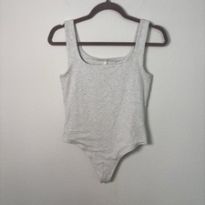Babaton Contour Heathered Grey Square Neck Thong Bodysuit Pull On Stretch Size M