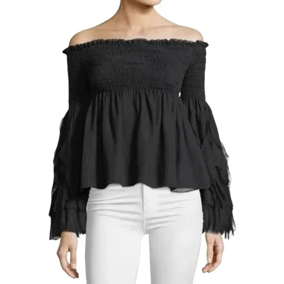 Caroline Constas Alessandra Silk Smocked Off-Shoulder Long Sleeve Top in Black